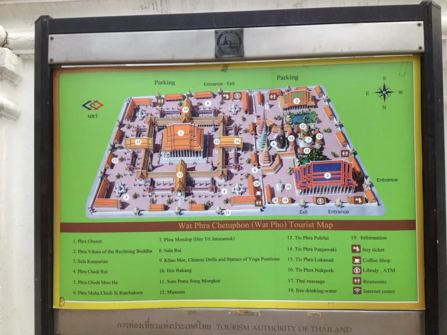 карта схема храма Ват По (Wat Pho) Храм лежащего Будды и школа тайского массажа в Бангкоке
